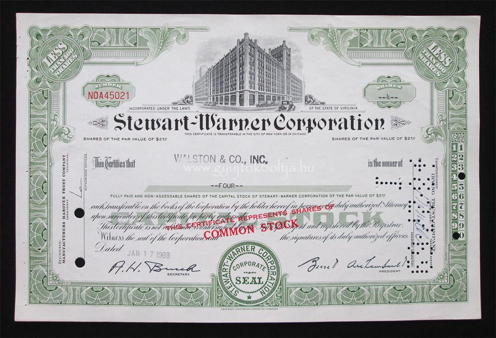 Stewart-Warner Corporation 4 r�szv�ny 1969 / j�rm�- �s m�r�m�szerek gy�rt�sa